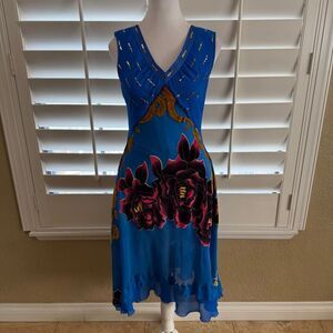 Mary Mona Blue Floral Sleeveless A Line Dress Sz 38 Gold Sequins Boho Y2K Glam